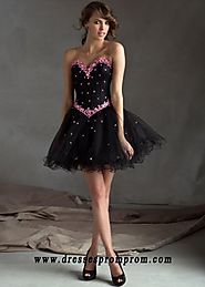 Short Black Pink Beaded Strapless Corset Back Cocktail Dress