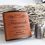 Personalised brown & black leatherette vintage style hip flask gift set favour