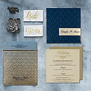 Blue Shimmery Paisley Themed Indian Wedding Cards - A2zWeddingCards