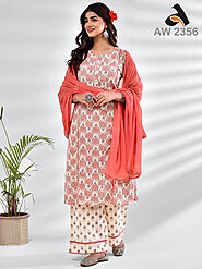 Anootha Coral Peach Cotton Full Suit With Chiffon Dupatta