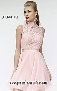 Sherri Hill 21184 Cheap Blush Open-Back Straight-Neck Bodice Short Lace Prom Dresses