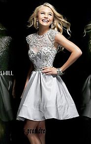 Cheap Sherri Hill 4300 Beaded Silver Round-Neck Cap-Sleeves Short Lace Prom Dresses