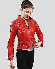 Isabel Red Studded Leather Jacket: Bold Plus Size Style | NYC Leather Jackets