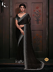 Black Satin Chiffon Blooming Fabric With Heavy Handwork Zircon Cutwork Border Saree