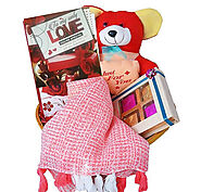 Valentines day gift for Valentines gift-Chocolates in a decorated box+ladies stole+Teddy Bear+Valentines day greeting...