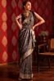 Buy Black & Silver Zari Woven Party Wear Banarasi Silk Saree Online | Samyakk