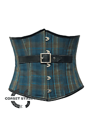 Blue Printed Corset with Black Leather Belt Gothic Costume Waist Cincher Underbust Bustier Top Sale