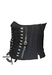 Black Cotton Twill with Leather Belts Design and Side Zipper Underbust Corset Top Sale