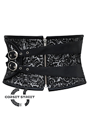 Black Brocade Leather Zipper Gothic Steampunk Bustier Waist Training Underbust Corset Costume Sale