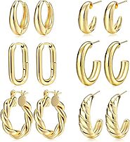 Gold Hoop Earrings Set for Women, 6 Pairs 14K Gold Plated Lightweight Hypoallergenic Chunky Open Hoops Jewelry for Gi...