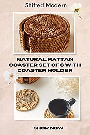 Natural Rattan Coaster Set of 6 with Coaster Holder