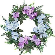Artificial Hydrangea Wreath, Purple and Blue Hydrangea Floral Wreath with Green Leaves