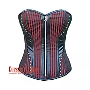 Red And Black Brocade Gothic Zipper Leather Overbust Corset Halloween Top