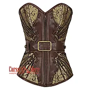 Brown And Golden Brocade Leather Belt Steampunk Waist Training Overbust Corset Bustier Top