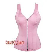 Baby Pink Satin Gothic Overbust Corset With Shoulder Strap Bustier Top