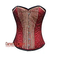 Red Satin Net Gold Sequins Hand Work Burlesque Gothic Costume Overbust Bustier Top