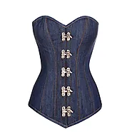 Blue Denim Gothic Steampunk LONG Overbust Corset Waist Training Costume Top