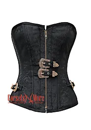 Black Brocade Antique Zipper Gothic Costume Waist Training Bustier Overbust Corset Top