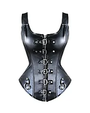 Black Faux Leather Shoulder Strap Overbust Corset Waist Training Steampunk Costume