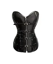 Black Satin Leather Belts Zipper LONGLINE Overbust Corset Top