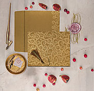Satin Gold Shimmery Hindu Wedding Invitation Cards