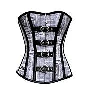 Black And White Newspaper Print Leather Straps Overbust Corset Steampunk Costume Waist Training