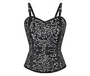 Black Brocade Leather Shoulder Straps Gothic Burlesque Corset Overbust