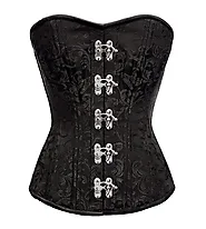 Black Brocade Spiral Steel Boned Corset Waist Training Silver Clasps Overbust Top