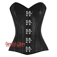 Black Faux Leather Steampunk Waist Training Overbust Corset Bustier Top
