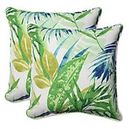 Set of 2 Green and Blue Floral Outdoor Patio Square Throw Pillows 16.5″