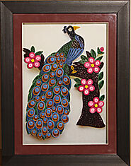 "Regal Reverie: Quilled Blue Peacock Photo Frame" "Nature's Crown Jewel: Handcrafted Peacock Frame" "Blue Peacock Per...