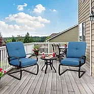 Walsunny Blue 3-Piece Bistro Set Outdoor Seats with Cushions & Metal Frame