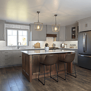 Luxury Kitchen Design - Brown Maple Cabinets - Walnut Island - Quartz Countertops