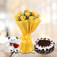 8 yellow roses with cake and teddy : FlowersCakesOnline | Same Day, Midnight Delivery