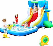 Inflatable Shark Water Slide for Kids Backyard, Toddler Bounce House, Blow Up Bouncer with Air Blower, Splash Zone, C...