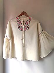 Madhu Flared Tunic Hand Embroidered Natural White | Flourish Planet