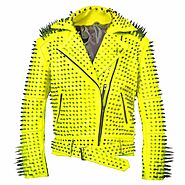 Yellow Brando Spiked Silver Studded Leather Jacket Mens | Waist Belt Lapel Collar | Jacket Hunt