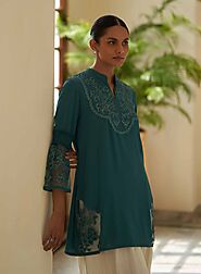 Teal Embroidered Tunic for Women with Lace Inserts-23AWLK04105-20 – Lakshita