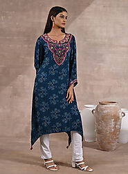 Teal Floral Printed Dhaage Collection Kurta With Embroidery