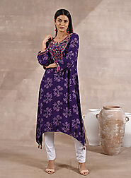 Purple Floral Printed Dhaage Collection Kurta With Embroidery