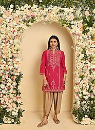 Pink Embroidered Thigh-length Kurti with 3/4th Sleeves