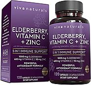 Viva Natural Elderberry, Vitamin C + Zinc | 5 in 1 Black Elderberry for Adults | Vitamin D3 5000 IU & Ginger (120 Cap...