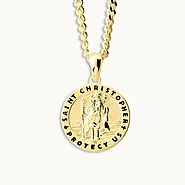 Gold Plated Sterling Silver 16mm Round St Christopher Necklace