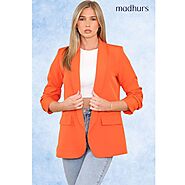 Keep Fashion Women's Ruched Sleeve Fully Lined Blazer Ladies 3/4 Sleeves Plain Open Front Jacket