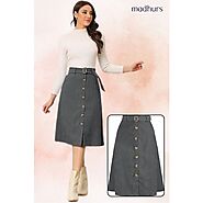 Women's High Waist Midi Skirts A-Line Button Front Belted Corduroy Skirt Grey