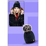 Women Winter Beanie Hat Wool Knitted with Small Crystals Pom Pom Cap Ski Snowboard Hats