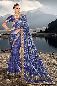 Buy Blue Pure Gaji Bandhej Saree Online | Saree Green – Saree Buta