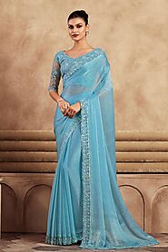 Buy Blue Chiffon Silk Saree Online | Saree Buta