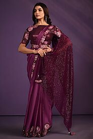 Buy Wine Satin Crepe Silk Readymade Saree Online | Saree Buta