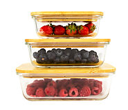 Houszy® Glass Food Storage Containers with Bamboo Lids & 3 Stretchable Bands-Set Of 3